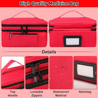 Tesuko Medicine Bag for Traveling with Portable Small Pouch, Double Layer Pill Bottle Organizer Storage Case with Lockable Zippers, Carrying Medication Travel Case with Shoulder Strap (Bag ONLY), Red