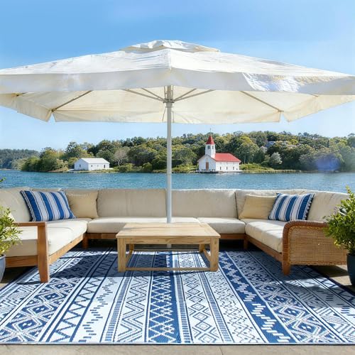 Outdoor Rug 6 x 9 ft, Reversible Plastic Straw Rug for Patio, Waterproof Large Outdoor Carpet for RV, Patio, Camping, Backyard, Deck, Picnic, Beach, Navy & White - color: Navy/White, size: 6'x9'