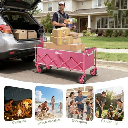 Extra Long Collapsible Wagon Cart, 480LBS Heavy Duty Utility Wagons with All-Terrain Wheels, Foldable Grocery Carts for Gardening, Shopping, Beach, Camping, Rose Pink - color: Rose Pink