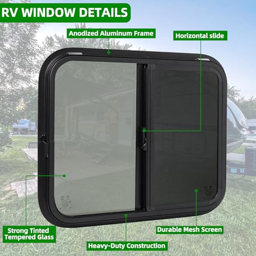 Cargo Trailer Windows,24" W x 20" H RV Windows for Cargo Trailer/Camper/Travel Trailer with Trim Ring,Horizontal Sliding Replacement Fit 15/16" or 1-3/8" Thick Wall,Allow Error 1/16”,DOT Approved - size: 24"W x 20"H