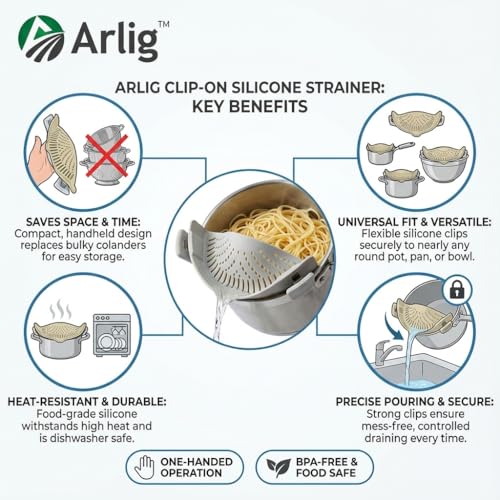 Arlig Clip On Pasta Strainer Silicone Universal Fit for all Pots and Bowls Snap On Drainer for Meat, Vegetables, Fruit Colander for Kitchen Easily Drain Food Space Saving - color: Gray