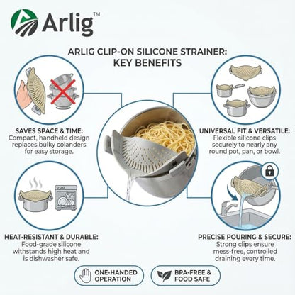Arlig Clip On Pasta Strainer Silicone Universal Fit for all Pots and Bowls Snap On Drainer for Meat, Vegetables, Fruit Colander for Kitchen Easily Drain Food Space Saving - color: Gray