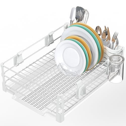 Simple Houseware White Dish Drying Rack with Drainboard, Utensil Holder & Mug Hooks – Metal Kitchen Counter Organizer - color: White
