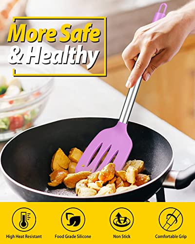 Pack of 2 Silicone Solid Turner, Non Stick Slotted Kitchen Spatulas, High Heat Resistant BPA Free Cooking Utensils, Ideal Cookware for Fish, Eggs, Pancakes(Purple) - color: Purple