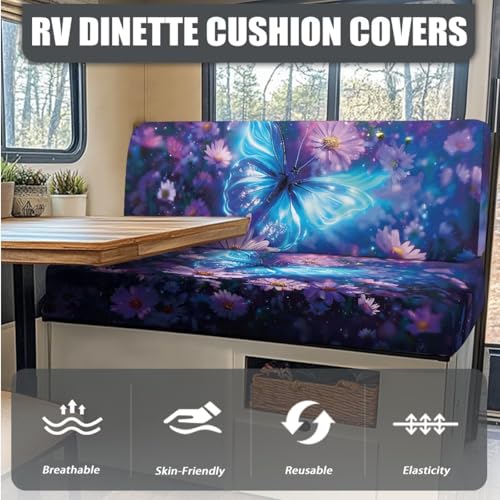 Butterfly Daisy Galaxy Pattern RV Dinette Cushion Covers with Pillowcase, 3 Pcs Breathable Camper Cushion Slipcover Replacement Non-Slip Furniture Protector for RV Camper Bench - color: Butterfly Daisy Galaxy