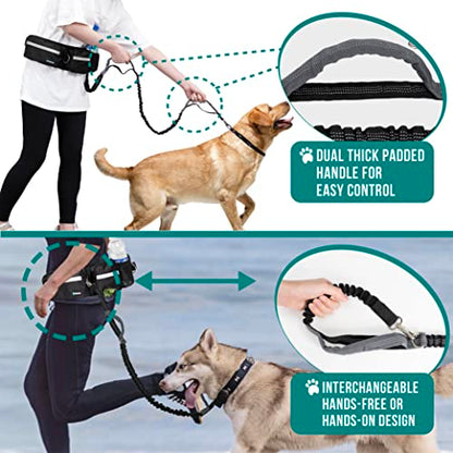 PetAmi Hands Free Dog Leash, Dog Running Leash Belt Bag for Walking, Jogging, Dog Waist Double Zipper Pouch with Poop Bag Dispenser, Dual Padded Handles Reflective Bungee Leash, Double (Black) - color: Black, size: 2 Leashes