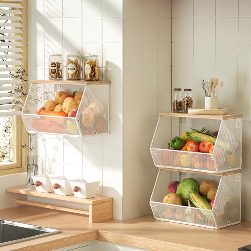3-Pack Stackable Wire Basket with Wood Lid - Wall Mounted Fruit & Vegetable Bowl for Kitchen, Potato & Onion Storage - color: White, size: 3 x Large
