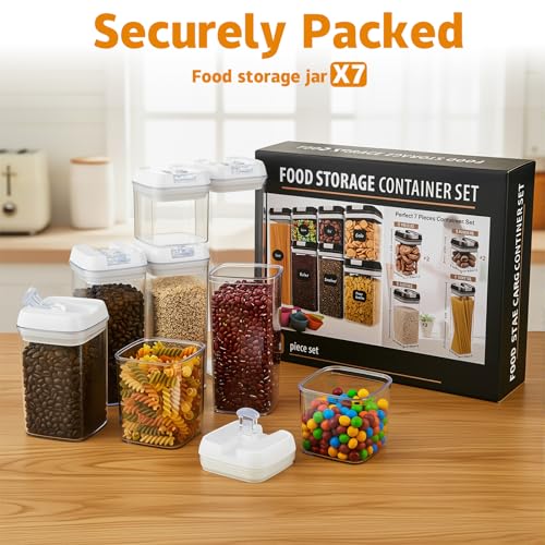 7-Piece Set of Airtight Food Storage Containers with Lids—Plastic Kitchen and Pantry Storage Jars, Ideal for Grains; BPA-Free Kitchen Storage Jars
