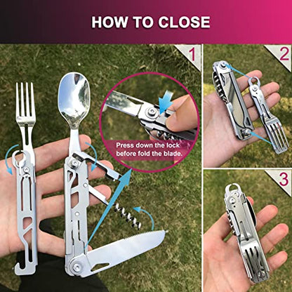 6 in 1 Detachable Camping Utensils Flatware Set, Multifunction Travel Pocket Cutlery Folding Spoon, Fork, Knife, Wine Bottle Can Opener Portable Combo Set Stainless Steel