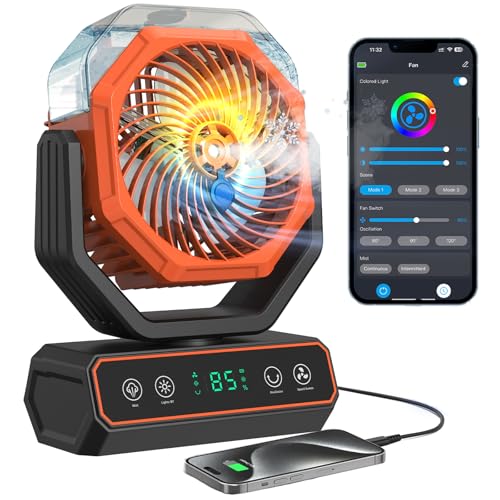 Misting Fan Portable,Personal Fan with Smart APP Remote Control,40000mAh Rechargeable Battery Powered Desk Fan with RGB Lights,Timer,5 Speed Mister Fan for Travel,Camping,Tents,Beach,Office,Outdoor - color: Orange&Black