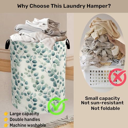 Sage Green Plant Large Clothes Hamper Bag - Laundry Basket with Handles, Space Saving Foldable Design for Nursery - color: Sage Green Plant