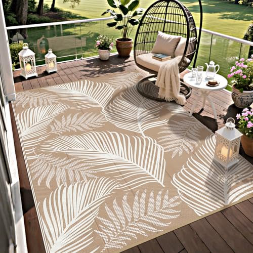 Pauwer Waterproof Outdoor Rug 5x8, Reversible Plastic Straw Patio Camping Rug, Indoor Outdoor RV Mat Carpet for Deck, Camper, Porch, Balcony, Backyard, Picnic, Leaf Brown - color: Leaf Brown, size: 5' x 8' (Rectangular)