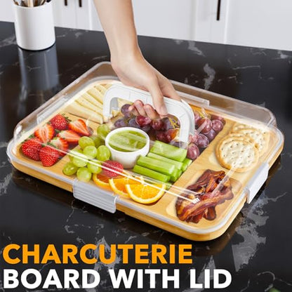 SpaceAid Charcuterie Board with Clear Lid, Portable Travel Cheese Cutting Boards for Picnic Accessories, Bamboo Serving Tray with Lids, House Warming Gifts, White Handles, 5 Compartments - color: White Handles, 5 Compartment