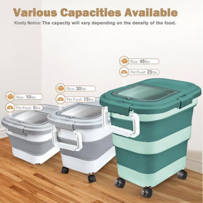 Komzon Rice Storage Container, Collapsible Airtight 10-40 Lb Rice Storage Container, 25lb Pet Dog Food Storage Container, Rice Dispenser Bin with Cup and Scoop for Flour Cereal Pasta Grain, Cat Bird - size: 15-40 Lbs