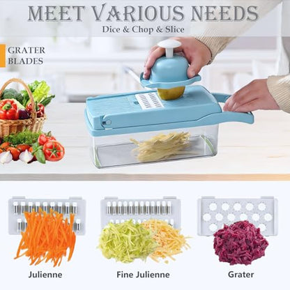 Pro-Series 16-in-1 Vegetable Chopper, Dewpeton Mandoline Slicer, Veggie Chopper, Food Chopper with Container, Vegetable Cutter Chopper & Spiralizer for Onion Salad (Home Essential Gadget & Kitchen) - color: Blue, size: 8 Blades