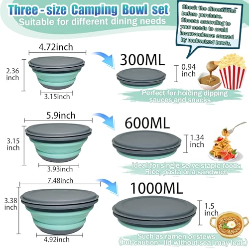 Collapsible Camping Bowl with Lid, Silicone Salad Bowl Serving, Microwave Foldable Soup Ramen Serving for Travel, Picnic, Rv(Blue) - color: Blue