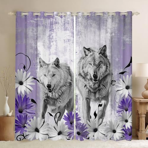 Erosebridal Hunting Wolf Curtains for Living Room,Rustic Farmhouse Daisy Floral Curtains Blackout Western Cowgirl Decor,Purple Gray Ombre Curtains Wildlife Window Curtains 2 Panels 42" Wx90 L - color: Purple Grey, size: 2 Panels 42"Wx90"L