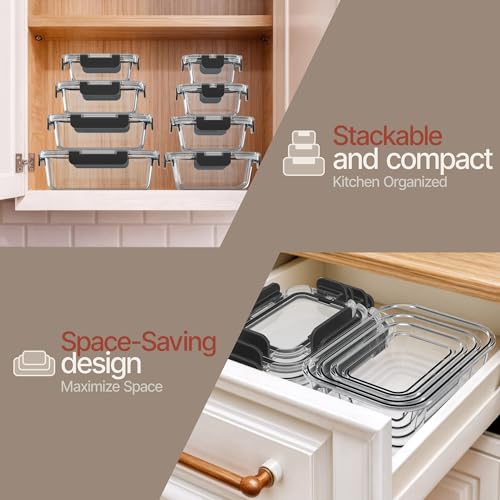 Bakken Borosilicate Glass Food Storage Containers with Lids 24 Pieces, BPA-Free Stackable Lunch & Leftover Containers, Microwave, Freezer & Dishwasher Safe, 100% Airtight Leak-Proof, Black - color: Black