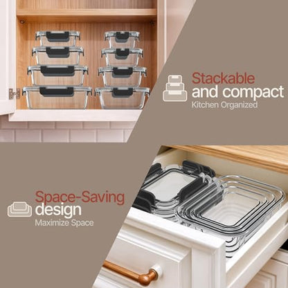 Bakken Borosilicate Glass Food Storage Containers with Lids 24 Pieces, BPA-Free Stackable Lunch & Leftover Containers, Microwave, Freezer & Dishwasher Safe, 100% Airtight Leak-Proof, Black - color: Black