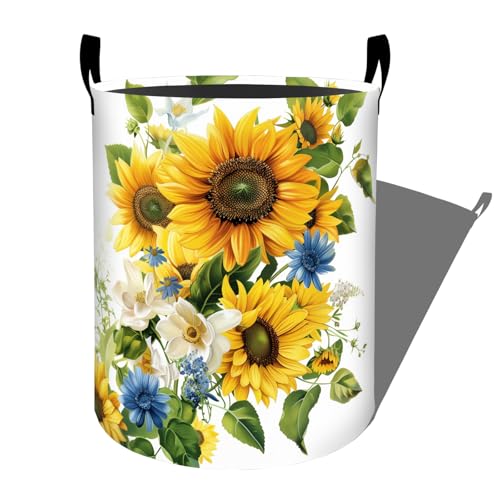 Vibrant Sunflower and Blue Daisy Laundry Basket with Handles, 19.7"x15.7" Clothes Foldable Laundry Hamper Organizer for Dorm Nursery Bedroom Bathroom Decor, Toy Storage Bin for Kids - style: Sunflower32