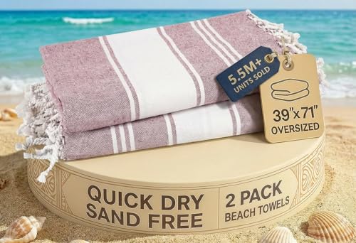 LANE LINEN Turkish Beach Towels, 2 Pack Extra Large Beach Towel, Pre-Washed for Soft Feel, Oversized Sand Free Quick-Dry Pool Towel, Beach Towels for Adults, 39"x71" - Wistful Mauve - color: 33: Wistful Mauve, size: Pack of 2