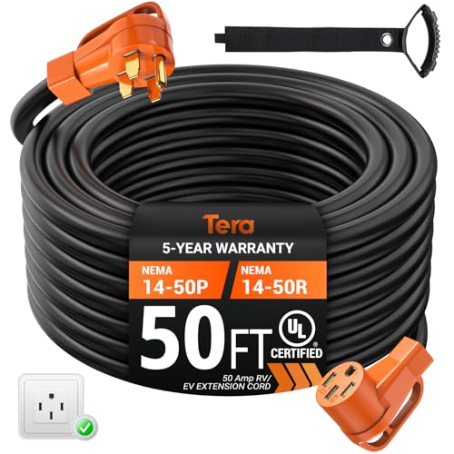 Tera Extension Cord 50 Amp RV & EV 50 FT: NEMA 14-50P to 14-50R UL Listed 6 Gauge 6 AWG 4 Prong 250V Heavy Duty with Grip Handle Cord Organizer 6/3+8/1 Gauge STW RV Power Cord for Tesla J1772 - size: 50FT, style: NEMA 14-50P