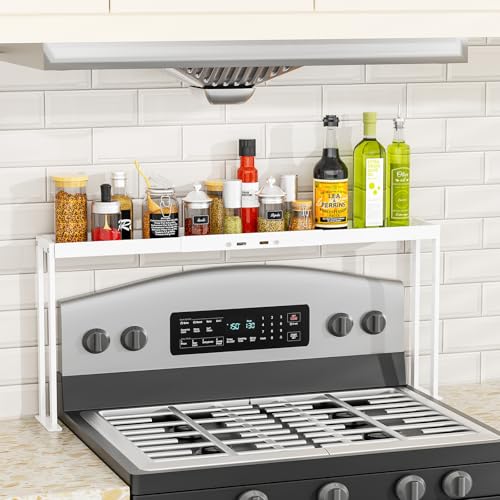 Stove Top Shelf for Curved Stove, Expand 27 to 33 Inch Spice Rack, 4 Level Adjustable Height Spice Shelf, Over the Stove Shelf for Back of Stove Spice Rack Organizer for Countertop, White - color: White