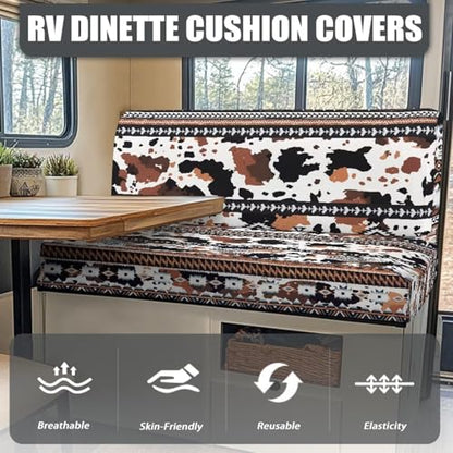 RV Dinette Cushion Covers Aztec Brown Cow Print Camper Cushion Slipcovers Stretch Washable Couch Covers for RV Camper Sofa Bed Easy to Install - color: Aztec Brown Cow Print