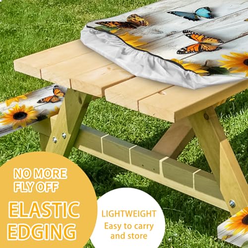 Picnic Table Cover with Bench Covers 72IN 6FT, Camping Essentials Tablecloth Waterproof Oilproof with elastic Edge for Indoor Outdoor Patio (Sunflower Wood Grain) - color: Wood Grain Butterfly