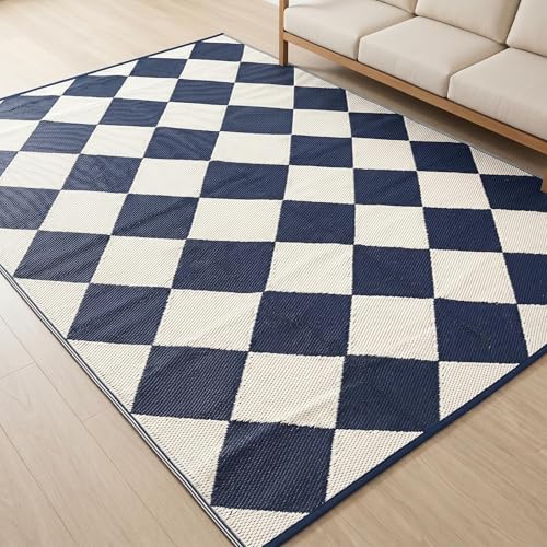 IDEALHOUSE Outdoor Rug, Reversible Waterproof Plastic Patio Mat, UV Resistant Large Floor Mat with Carry Bag, Portable RV Mat for Camping, Picnic, Backyard, Navy & White Checkered, 8' x 10' - color: Blue/White, size: 8' x 10' (Rectangular)