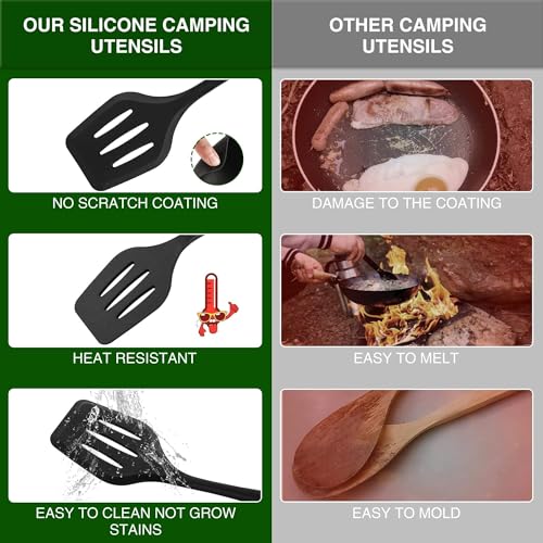 Wesqunie Camping Essentials Cooking Utensils Set - 30Pcs Stainless Steel & Silicone Camp Kitchen Cookware Set, RV Picnic Grill Equipment - color: green-pro