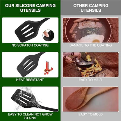 Wesqunie Camping Essentials Cooking Utensils Set - 30Pcs Stainless Steel & Silicone Camp Kitchen Cookware Set, RV Picnic Grill Equipment - color: green-pro