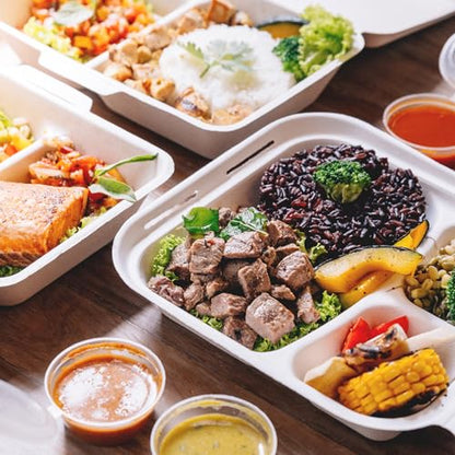 Freshware Clamshell Food Containers with Lids [9x9"] 3-Compartment 100-Pack, Disposable To Go Containers, Biodegradable Sugarcane To Go Boxes - Paper Container - Microwave & Freezer Safe, Stackable - size: 9 x 9 Inch, 100 Pack