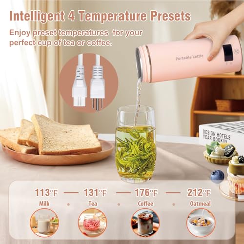 Travel Electric Kettle Portable Mini Kettle,Small Hot Water Boiler with 4 Temperature Settings,304 Stainless Steel,Fast Boiling Water with Auto Shut-Off and Boil Dry Protection (Pink, 400ml) - color: Pink