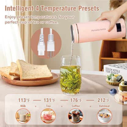 Travel Electric Kettle Portable Mini Kettle,Small Hot Water Boiler with 4 Temperature Settings,304 Stainless Steel,Fast Boiling Water with Auto Shut-Off and Boil Dry Protection (Pink, 400ml) - color: Pink