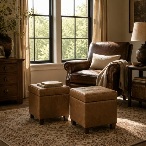 HomePop Square Tufted Storage Ottoman - Distressed Brown Faux Leather Small - color: Light Brown