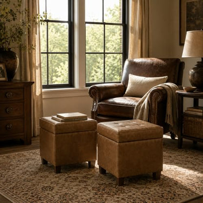 HomePop Square Tufted Storage Ottoman - Distressed Brown Faux Leather Small - color: Light Brown