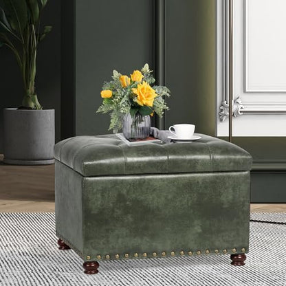 Leather Ottoman with Storage,24’’Foot Rest Ottomans with Hinged Lid Rectangle Upholstered Foot Stools Nailhead Trim for Living Room Bedroom,Green - color: Green