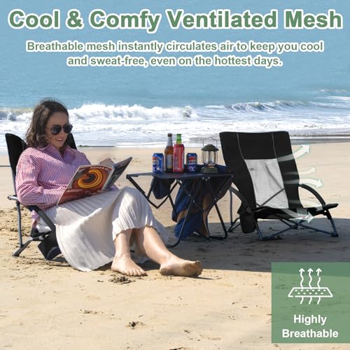 Romswi Low Beach Chairs for Adults 2 Pack, Lightweight Folding Sand Chairs with Breathable Mesh Back & Cup Holder, Portable Compact Camping Chairs, 300lbs Capacity,Black - color: Black - Low Back
