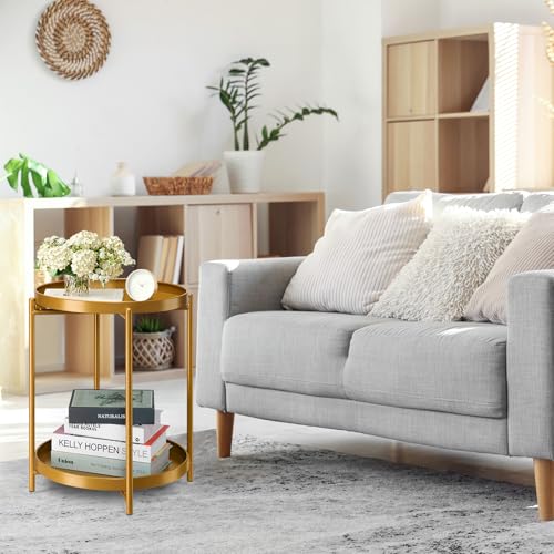 danpinera 2-Tier End Table, Outdoor Side Table Metal Round Side Table with Removable Tray, Small Folding Accent Table, Anti-Rust Nightstand for Bedroom Balcony Patio Living Room (Gold) - color: Gold