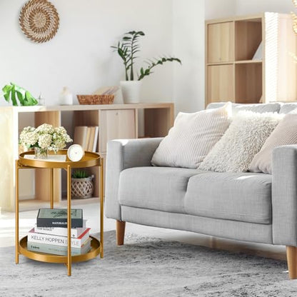 danpinera 2-Tier End Table, Outdoor Side Table Metal Round Side Table with Removable Tray, Small Folding Accent Table, Anti-Rust Nightstand for Bedroom Balcony Patio Living Room (Gold) - color: Gold