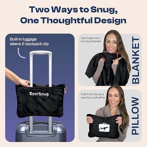 EverSnug Travel Blanket and Pillow - Ultra-Soft, Compact & Lightweight, 65x40 Inches, with Carry Case, Luggage Sleeve & Backpack Clip for Airplane Comfort (Black) - color: Black