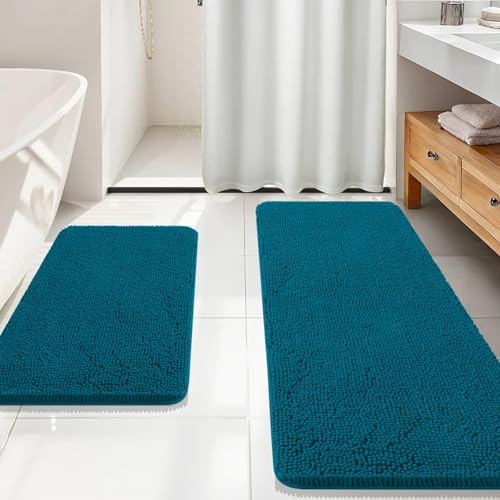OLANLY Bathroom Rugs Sets 2 Piece, Soft Absorbent Chenille Bath Mats Area Rug Set, Non-Slip, Quick Dry, Machine Washable Bath Mats for Bathroom, Home Decor Accessories (59"x20"+30"x20", Peacock Blue) - color: Peacock Blue, size: 59" X 20" + 30" X 20"