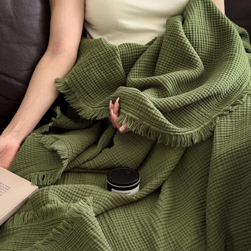 MorroMorn 100% Cotton Muslin Blanket with Fringes Twin Size 60"x80", 4-Layer Gauze Blankets for Adults, Boho Bedding Breathable Lightweight Ultra-Soft for Couch Bed All Seasons, Olive Green - color: Olive Green, size: Twin 60"x80"