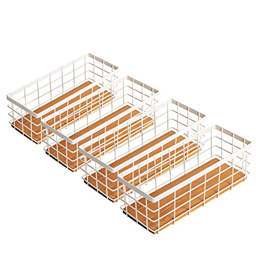 TIEYIPIN Small Metal Wire Storage Basket, Detachable Wood Base Storage Organizer Bin Basket for Kitchen Cabinets, Bathroom, Pantry, Garage, Laundry Room (Cream White, 4 Pack) - color: White, size: 4 Pack