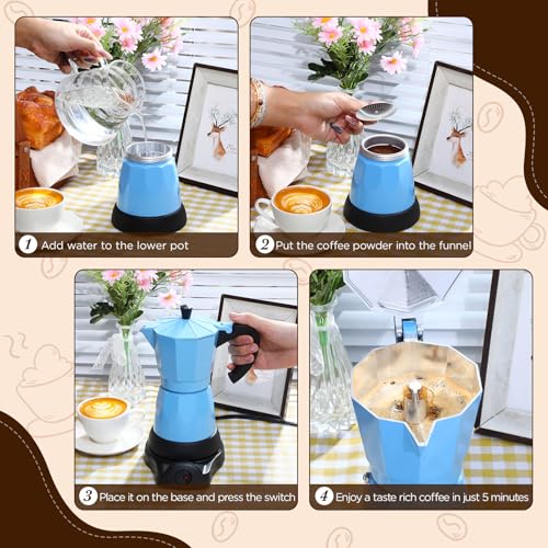 Coffee Pot 6 Cup Electric Espresso Coffee Maker Italian Moka Maker 300ml Portable Aluminum Espresso Machine Cafetera Moka Pot with Detachable Base, Gift for Home Travel(Blue) - color: Blue