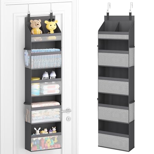 Lifewit 5 Tier Over the Door Diaper Organizer for Nursery, Large Heavy Duty Hanging Storage with 4 Mesh Side Pockets, Sturdy Back of Door Shelf for Baby Stuff Toy in Pantry, Laundry, Bathroom, Gray - color: Grey, size: 5 Tier