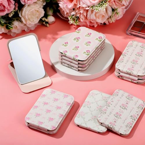 Geelin 12 Pcs Compact Mirror Bulk Mini Pocket Mirrors for Women Travel Folding Mirror Portable Hand Mirrors for Graduation Party Gift Camping Office Home(Pink Rose) - style: Pink Rose