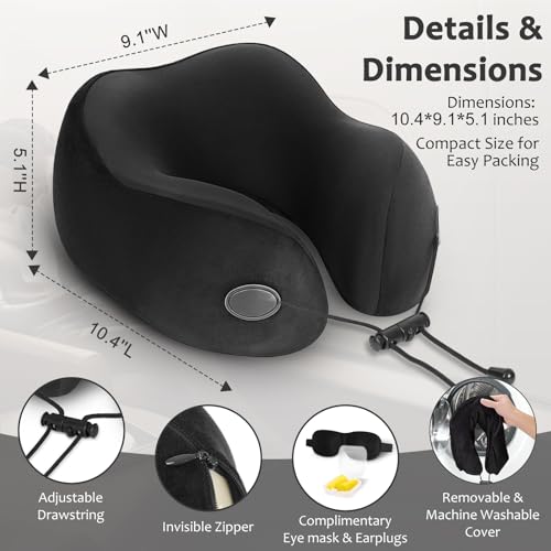 Travel Pillow, Memory Foam Travel Neck Pillow for Airplane, Ergonomic Neck Support with Washable & Breathable Cover, Includes Eye Mask, Earplugs & Compact Bag for Long Flights (Black)