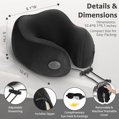 Travel Pillow, Memory Foam Travel Neck Pillow for Airplane, Ergonomic Neck Support with Washable & Breathable Cover, Includes Eye Mask, Earplugs & Compact Bag for Long Flights (Black)